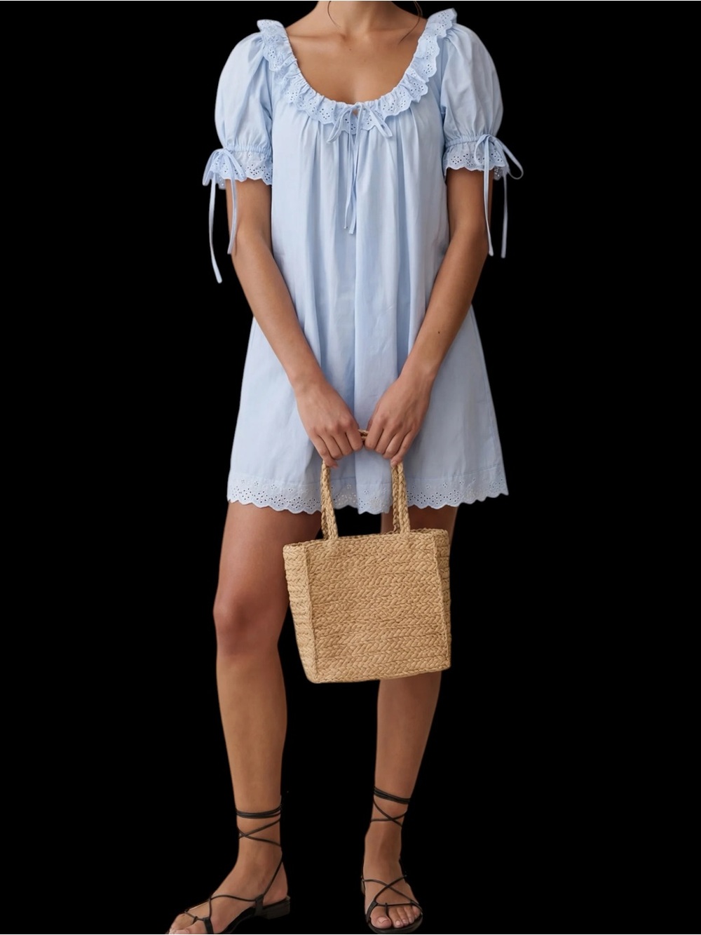 Kourt Few Moda Juliet Cotton Dress Light Blue Eyelet Lace NWT